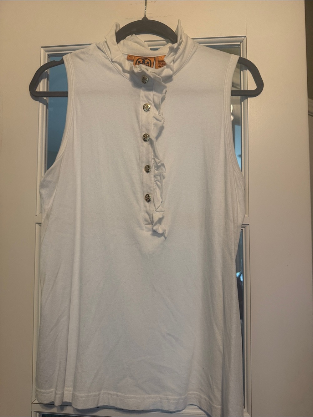 Tory Burch White Sleeveless Ruffle Henley Tank
